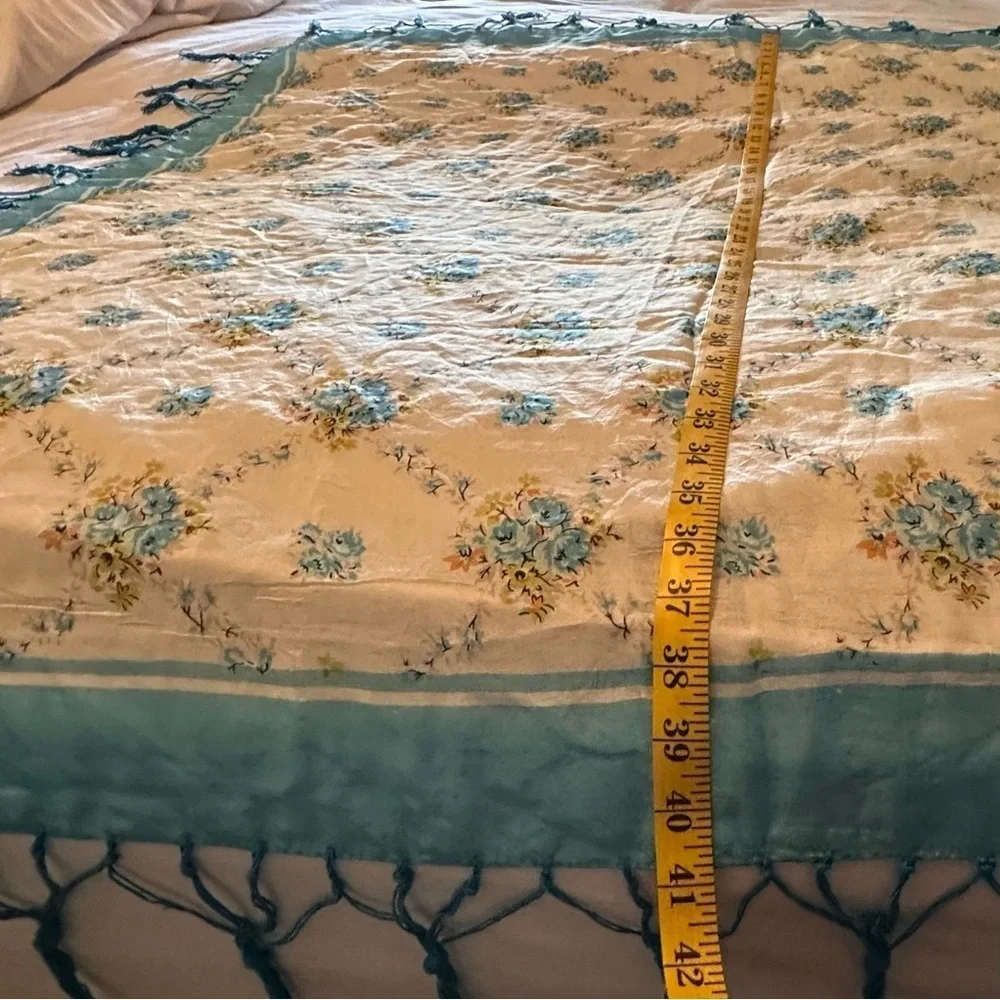 Dainty Silk Scarf Shawl Roses Blue Cream Cottagecore Fringe 39” x 41”